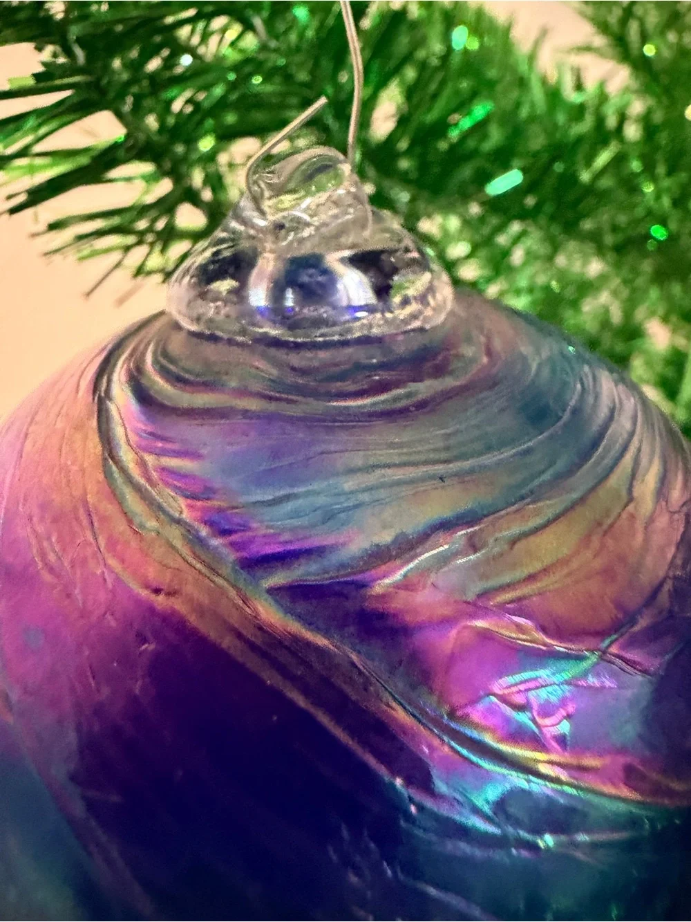 Iridescent Blue Glass Christmas Bauble Ornament Medium Swirl Stripe Hanging